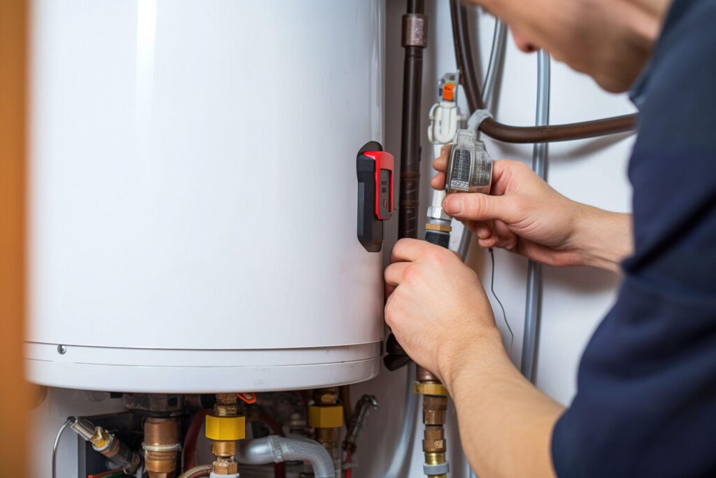 Skilled plumber diagnosing water heater issues using advanced tools in an upscale Nichols Hills utility room
