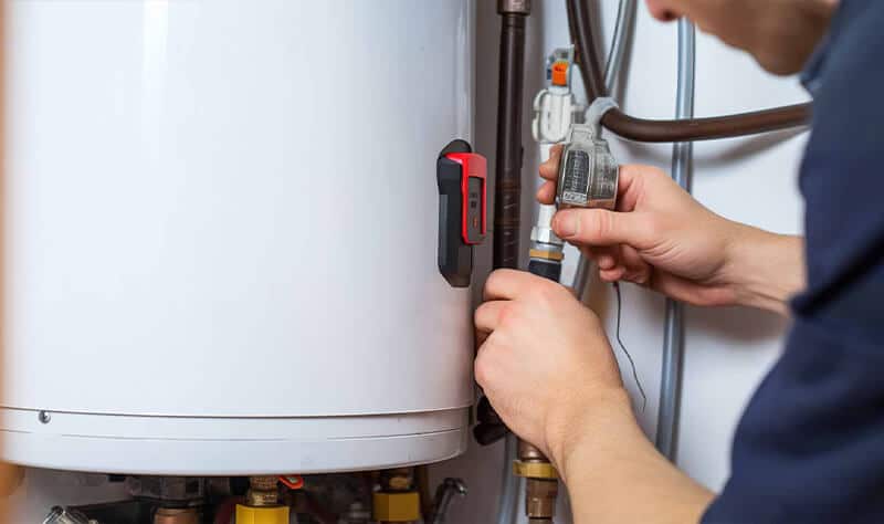 Certified technician using diagnostic tools on a gas water heater in a Norman, OK family home